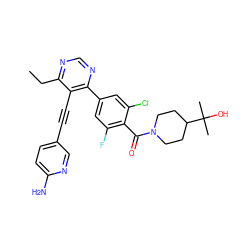 CCc1ncnc(-c2cc(F)c(C(=O)N3CCC(C(C)(C)O)CC3)c(Cl)c2)c1C#Cc1ccc(N)nc1 ZINC000148996531