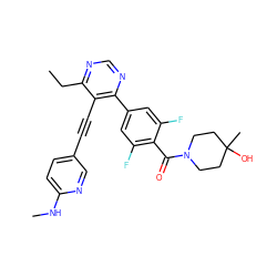 CCc1ncnc(-c2cc(F)c(C(=O)N3CCC(C)(O)CC3)c(F)c2)c1C#Cc1ccc(NC)nc1 ZINC000167428945