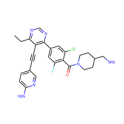 CCc1ncnc(-c2cc(F)c(C(=O)N3CCC(CN)CC3)c(Cl)c2)c1C#Cc1ccc(N)nc1 ZINC000167458169