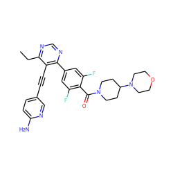 CCc1ncnc(-c2cc(F)c(C(=O)N3CCC(N4CCOCC4)CC3)c(F)c2)c1C#Cc1ccc(N)nc1 ZINC000072317176