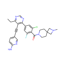 CCc1ncnc(-c2cc(F)c(C(=O)N3CCC4(CC3)CN(C)C4)c(Cl)c2)c1C#Cc1ccc(N)nc1 ZINC000167479697