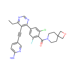 CCc1ncnc(-c2cc(F)c(C(=O)N3CCC4(CC3)COC4)c(Cl)c2)c1C#Cc1ccc(N)nc1 ZINC000167411772