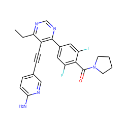 CCc1ncnc(-c2cc(F)c(C(=O)N3CCCC3)c(F)c2)c1C#Cc1ccc(N)nc1 ZINC000148283927