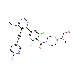 CCc1ncnc(-c2cc(F)c(C(=O)N3CCN([C@@H](C)CO)CC3)c(Cl)c2)c1C#Cc1ccc(N)nc1 ZINC000167464131