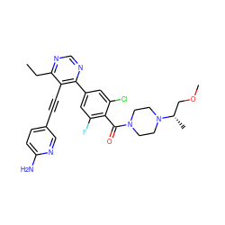 CCc1ncnc(-c2cc(F)c(C(=O)N3CCN([C@@H](C)COC)CC3)c(Cl)c2)c1C#Cc1ccc(N)nc1 ZINC000167463396