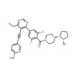 CCc1ncnc(-c2cc(F)c(C(=O)N3CCN([C@@H]4CCC[C@@H]4O)CC3)c(Cl)c2)c1C#Cc1ccc(N)nc1 ZINC000167464388