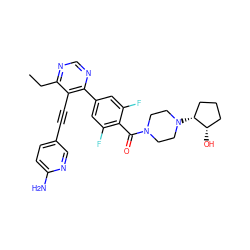 CCc1ncnc(-c2cc(F)c(C(=O)N3CCN([C@@H]4CCC[C@@H]4O)CC3)c(F)c2)c1C#Cc1ccc(N)nc1 ZINC000148685019