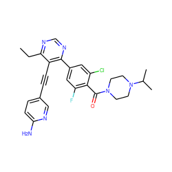 CCc1ncnc(-c2cc(F)c(C(=O)N3CCN(C(C)C)CC3)c(Cl)c2)c1C#Cc1ccc(N)nc1 ZINC000167438422