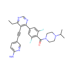 CCc1ncnc(-c2cc(F)c(C(=O)N3CCN(C(C)C)CC3)c(F)c2)c1C#Cc1ccc(N)nc1 ZINC000148487130