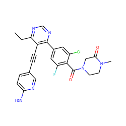 CCc1ncnc(-c2cc(F)c(C(=O)N3CCN(C)C(=O)C3)c(Cl)c2)c1C#Cc1ccc(N)nc1 ZINC000167440105