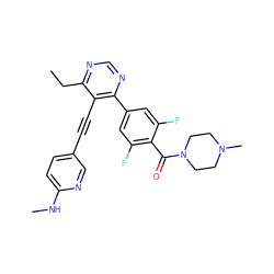 CCc1ncnc(-c2cc(F)c(C(=O)N3CCN(C)CC3)c(F)c2)c1C#Cc1ccc(NC)nc1 ZINC000167425707