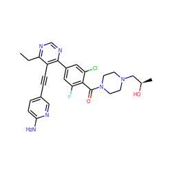 CCc1ncnc(-c2cc(F)c(C(=O)N3CCN(C[C@@H](C)O)CC3)c(Cl)c2)c1C#Cc1ccc(N)nc1 ZINC000148423326