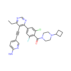 CCc1ncnc(-c2cc(F)c(C(=O)N3CCN(C4CCC4)CC3)c(Cl)c2)c1C#Cc1ccc(N)nc1 ZINC000167412496