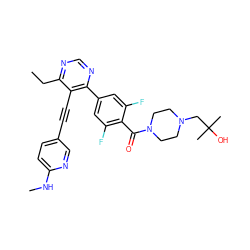 CCc1ncnc(-c2cc(F)c(C(=O)N3CCN(CC(C)(C)O)CC3)c(F)c2)c1C#Cc1ccc(NC)nc1 ZINC000148717023