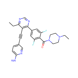 CCc1ncnc(-c2cc(F)c(C(=O)N3CCN(CC)CC3)c(F)c2)c1C#Cc1ccc(N)nc1 ZINC000148417454