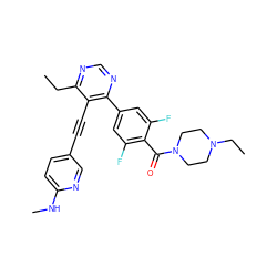 CCc1ncnc(-c2cc(F)c(C(=O)N3CCN(CC)CC3)c(F)c2)c1C#Cc1ccc(NC)nc1 ZINC000148892184