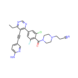 CCc1ncnc(-c2cc(F)c(C(=O)N3CCN(CCC#N)CC3)c(Cl)c2)c1C#Cc1ccc(N)nc1 ZINC000167441894