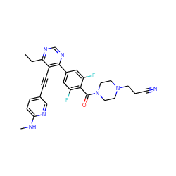 CCc1ncnc(-c2cc(F)c(C(=O)N3CCN(CCC#N)CC3)c(F)c2)c1C#Cc1ccc(NC)nc1 ZINC000167433492