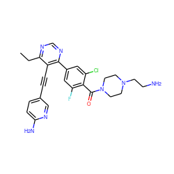 CCc1ncnc(-c2cc(F)c(C(=O)N3CCN(CCN)CC3)c(Cl)c2)c1C#Cc1ccc(N)nc1 ZINC000148252098