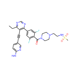 CCc1ncnc(-c2cc(F)c(C(=O)N3CCN(CCNS(C)(=O)=O)CC3)c(F)c2)c1C#Cc1ccc(N)nc1 ZINC000167409998