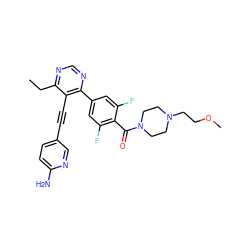 CCc1ncnc(-c2cc(F)c(C(=O)N3CCN(CCOC)CC3)c(F)c2)c1C#Cc1ccc(N)nc1 ZINC000167364942