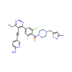 CCc1ncnc(-c2cc(F)c(C(=O)N3CCN(Cc4cc(C)no4)CC3)c(Cl)c2)c1C#Cc1ccc(N)nc1 ZINC000167463136