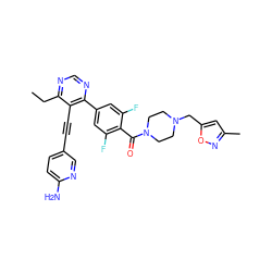 CCc1ncnc(-c2cc(F)c(C(=O)N3CCN(Cc4cc(C)no4)CC3)c(F)c2)c1C#Cc1ccc(N)nc1 ZINC000167461317