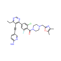 CCc1ncnc(-c2cc(F)c(C(=O)N3CCN(Cc4nc(C)c(C)o4)CC3)c(Cl)c2)c1C#Cc1ccc(N)nc1 ZINC000167464001