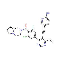 CCc1ncnc(-c2cc(F)c(C(=O)N3CCN4CCC[C@H]4C3)c(Cl)c2)c1C#Cc1ccc(N)nc1 ZINC000167439656