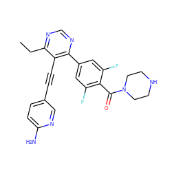 CCc1ncnc(-c2cc(F)c(C(=O)N3CCNCC3)c(F)c2)c1C#Cc1ccc(N)nc1 ZINC000148351339