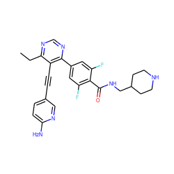 CCc1ncnc(-c2cc(F)c(C(=O)NCC3CCNCC3)c(F)c2)c1C#Cc1ccc(N)nc1 ZINC000148878086