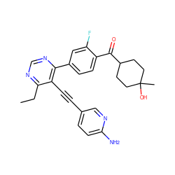 CCc1ncnc(-c2ccc(C(=O)C3CCC(C)(O)CC3)c(F)c2)c1C#Cc1ccc(N)nc1 ZINC000167324170