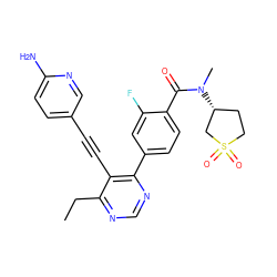 CCc1ncnc(-c2ccc(C(=O)N(C)[C@@H]3CCS(=O)(=O)C3)c(F)c2)c1C#Cc1ccc(N)nc1 ZINC000148623098