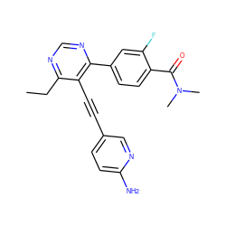 CCc1ncnc(-c2ccc(C(=O)N(C)C)c(F)c2)c1C#Cc1ccc(N)nc1 ZINC000148256815