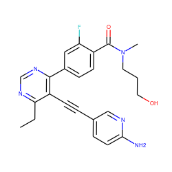 CCc1ncnc(-c2ccc(C(=O)N(C)CCCO)c(F)c2)c1C#Cc1ccc(N)nc1 ZINC000148384136