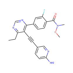 CCc1ncnc(-c2ccc(C(=O)N(C)OC)c(F)c2)c1C#Cc1ccc(N)nc1 ZINC000148823210