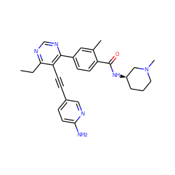 CCc1ncnc(-c2ccc(C(=O)N[C@@H]3CCCN(C)C3)c(C)c2)c1C#Cc1ccc(N)nc1 ZINC000148412156