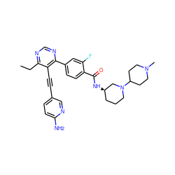 CCc1ncnc(-c2ccc(C(=O)N[C@@H]3CCCN(C4CCN(C)CC4)C3)c(F)c2)c1C#Cc1ccc(N)nc1 ZINC000148331462