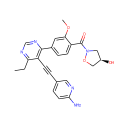 CCc1ncnc(-c2ccc(C(=O)N3C[C@@H](O)CO3)c(OC)c2)c1C#Cc1ccc(N)nc1 ZINC000148647420