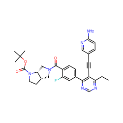 CCc1ncnc(-c2ccc(C(=O)N3C[C@@H]4CCN(C(=O)OC(C)(C)C)[C@@H]4C3)c(F)c2)c1C#Cc1ccc(N)nc1 ZINC000148389757