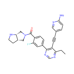 CCc1ncnc(-c2ccc(C(=O)N3C[C@@H]4CCN[C@@H]4C3)c(F)c2)c1C#Cc1ccc(N)nc1 ZINC000167477641