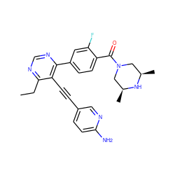 CCc1ncnc(-c2ccc(C(=O)N3C[C@H](C)N[C@H](C)C3)c(F)c2)c1C#Cc1ccc(N)nc1 ZINC000148565439