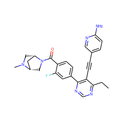 CCc1ncnc(-c2ccc(C(=O)N3C[C@H]4C[C@@H]3CN4C)c(F)c2)c1C#Cc1ccc(N)nc1 ZINC000167367004