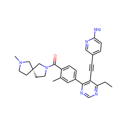 CCc1ncnc(-c2ccc(C(=O)N3CC[C@@]4(CCN(C)C4)C3)c(C)c2)c1C#Cc1ccc(N)nc1 ZINC000167397079