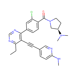 CCc1ncnc(-c2ccc(C(=O)N3CC[C@@H](N(C)C)C3)c(Cl)c2)c1C#Cc1ccc(NC)nc1 ZINC000148691116