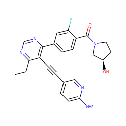 CCc1ncnc(-c2ccc(C(=O)N3CC[C@@H](O)C3)c(F)c2)c1C#Cc1ccc(N)nc1 ZINC000148330976