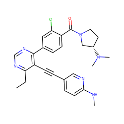 CCc1ncnc(-c2ccc(C(=O)N3CC[C@H](N(C)C)C3)c(Cl)c2)c1C#Cc1ccc(NC)nc1 ZINC000148618042