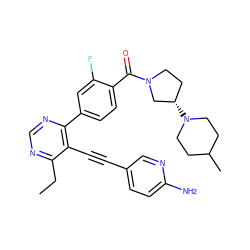 CCc1ncnc(-c2ccc(C(=O)N3CC[C@H](N4CCC(C)CC4)C3)c(F)c2)c1C#Cc1ccc(N)nc1 ZINC000148767678