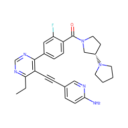 CCc1ncnc(-c2ccc(C(=O)N3CC[C@H](N4CCCC4)C3)c(F)c2)c1C#Cc1ccc(N)nc1 ZINC000148340232