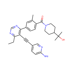 CCc1ncnc(-c2ccc(C(=O)N3CCC(C(C)(C)O)CC3)c(C)c2)c1C#Cc1ccc(N)nc1 ZINC000167389516